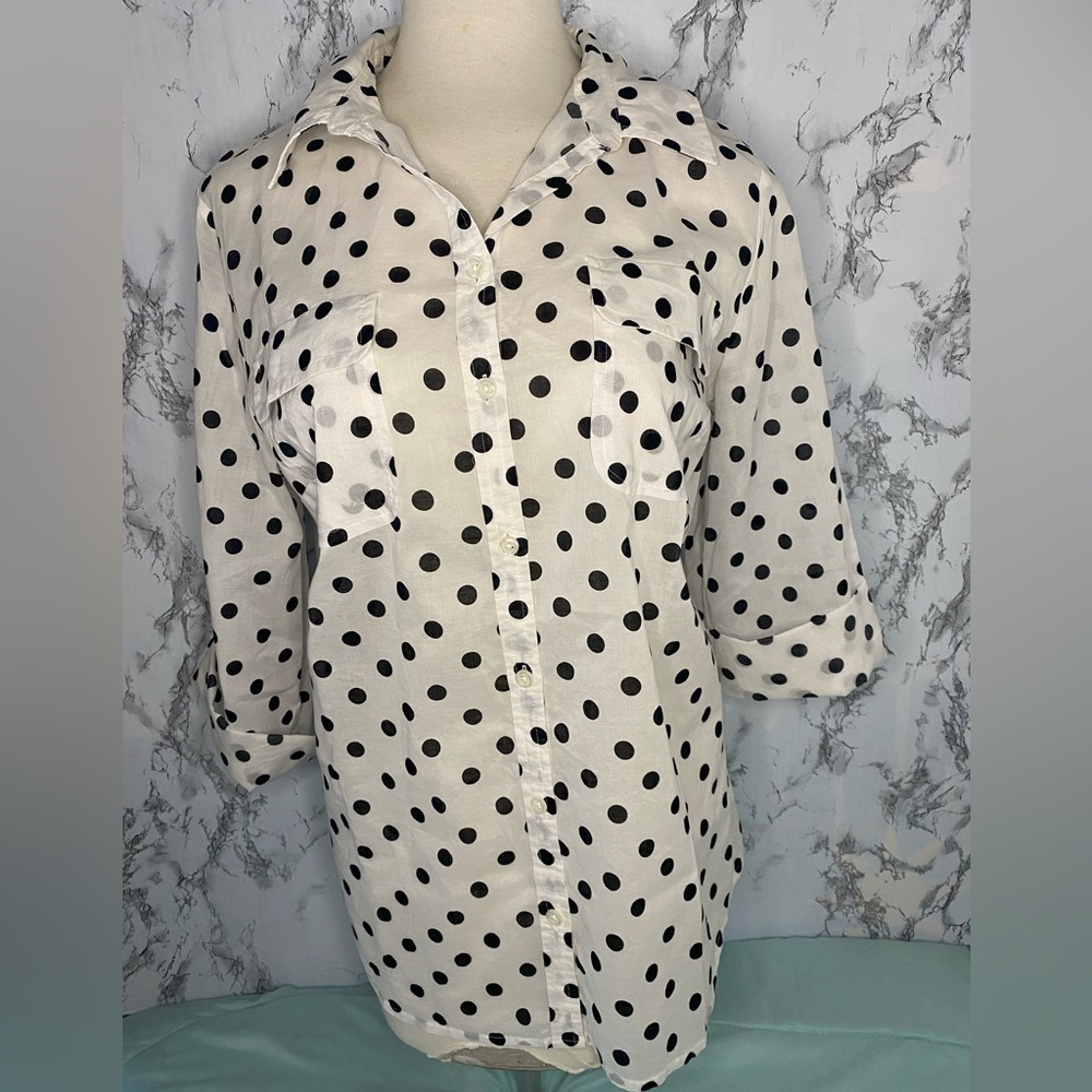 Loft Black White Polka Dot Print, Button Down Shirt